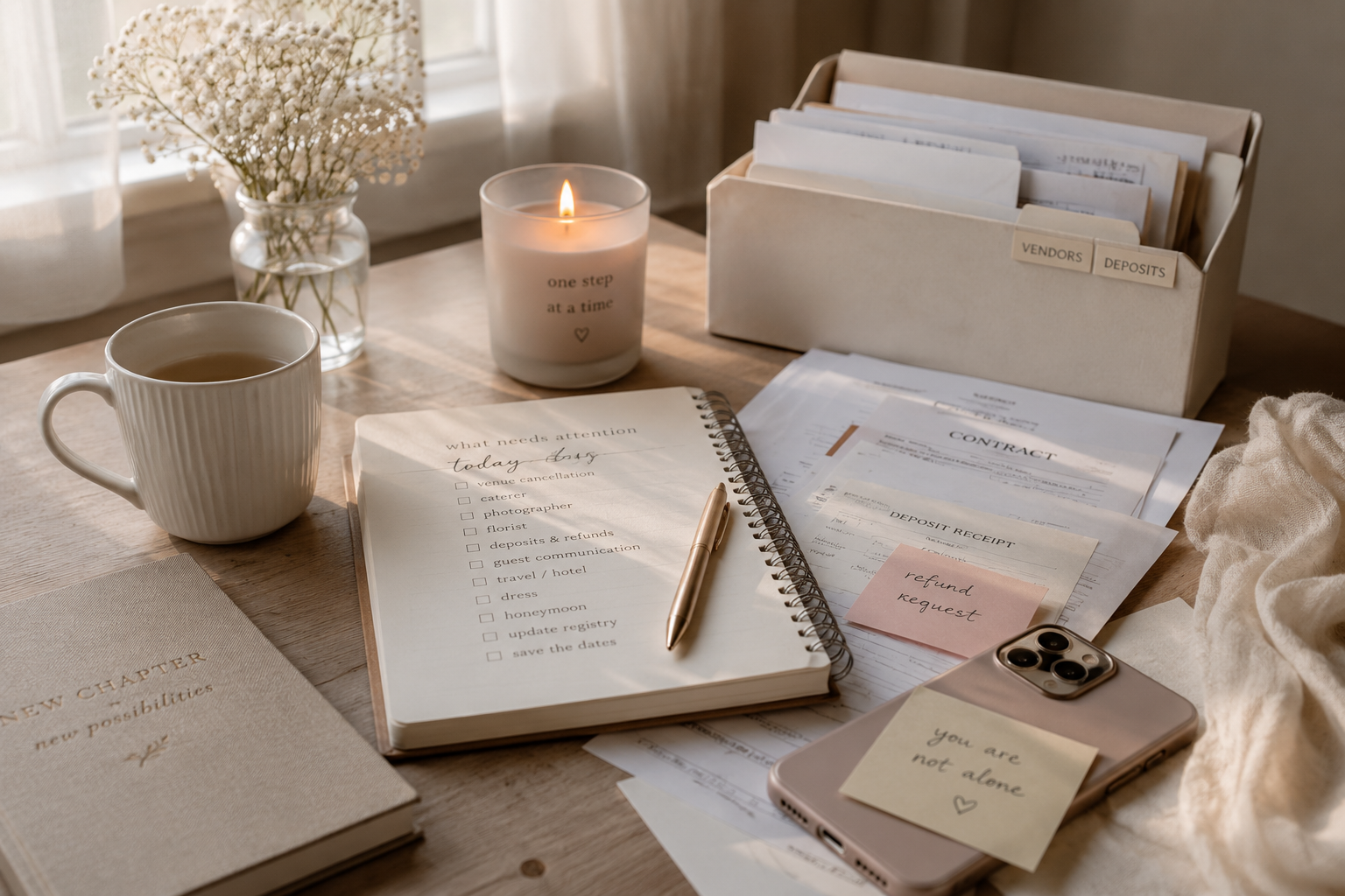 Still life of a checklist, vendor folder, receipts, phone, and candle