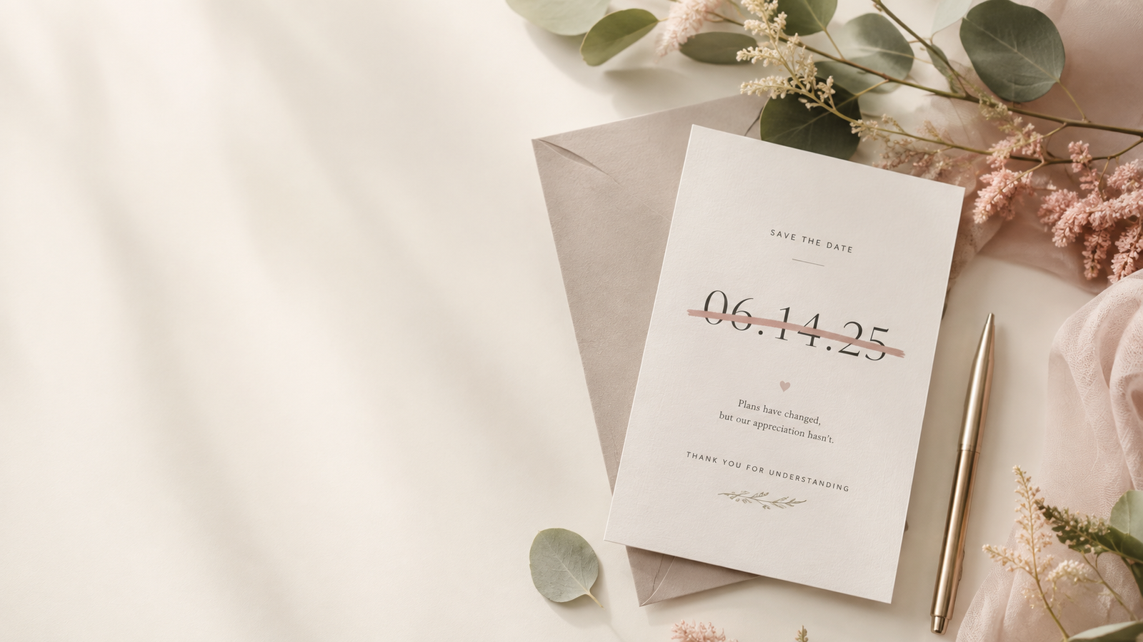 Save the Date stationery with the wedding date crossed out in dusty rose